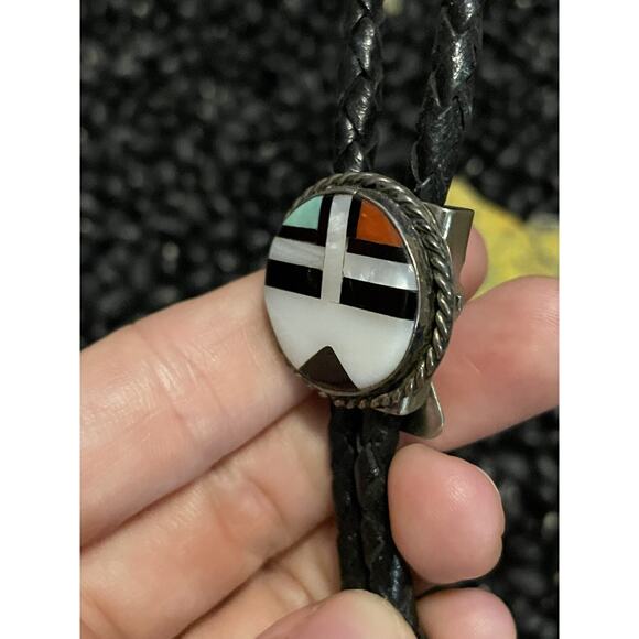 Vintage Sterling Inlaid Zuni Sun Face Turquoise Coral Onyx Mop Bolo Tie Necklace - Picture 4 of 9